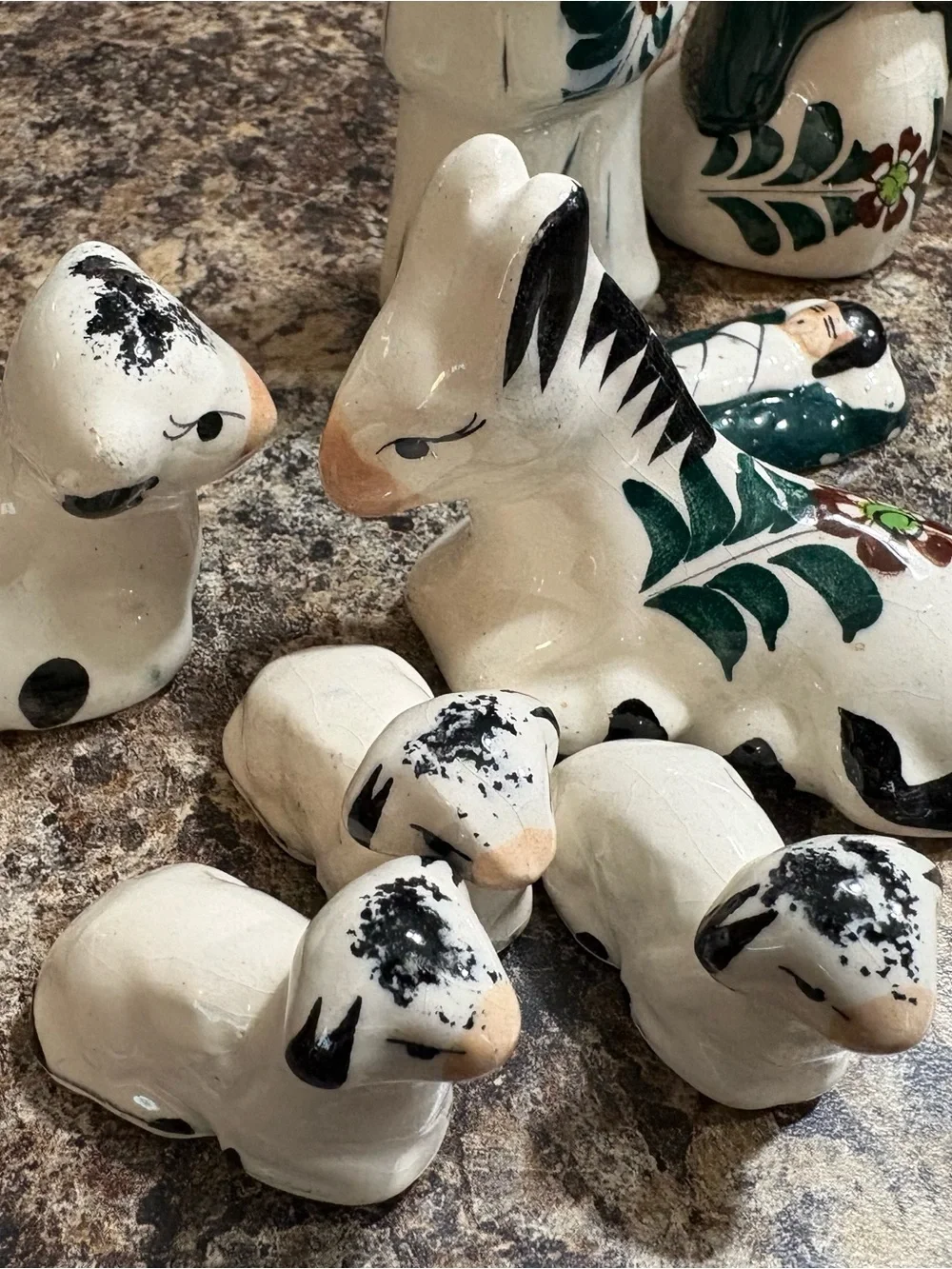 Hand-Painted Ceramic Nativity Figures in Cream and Green